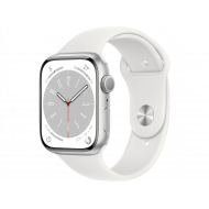 Apple Watch Series 8 GPS, Boîtier en aluminium argenté 45mm avec bracelet sport blanc M/L