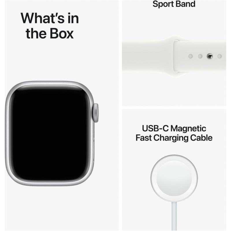 Apple Watch Series 8 GPS, Boîtier en aluminium argenté 41mm avec bracelet sport blanc S/M