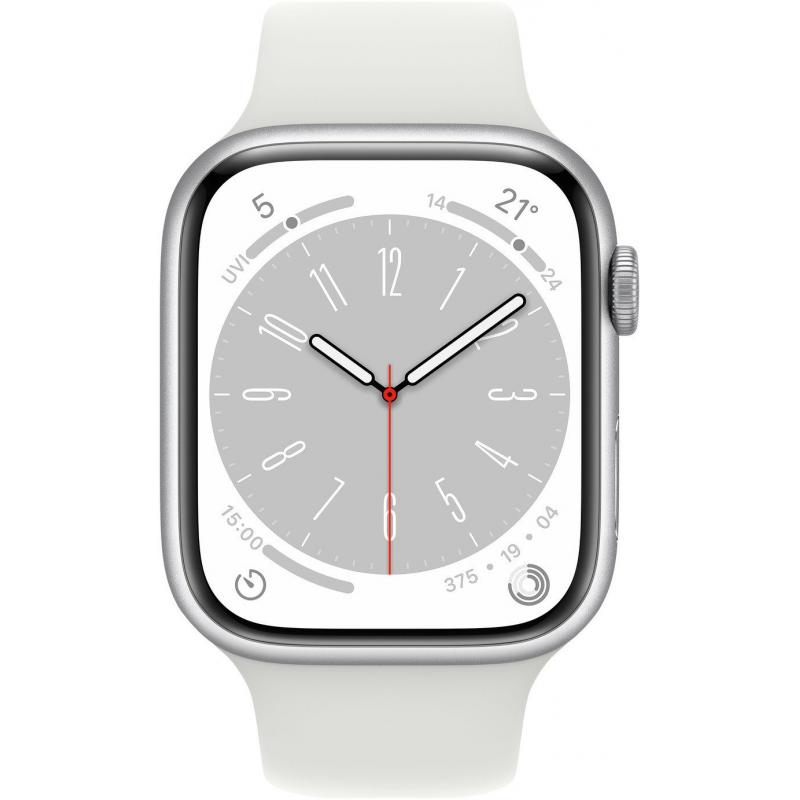 Apple Watch Series 8 GPS, Boîtier en aluminium argenté 45mm avec bracelet sport blanc S/M