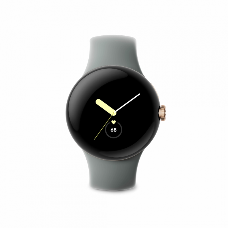 Google Pixel Watch (Wi-Fi, 41 mm) Boîtier en acier inoxydable doré champagne avec bracelet actif Hazel Sports